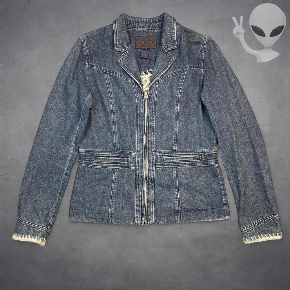 1994 Ralph Ralph Lauren Denim Jacket Medium Blue Custom Crochet Trim Vintage